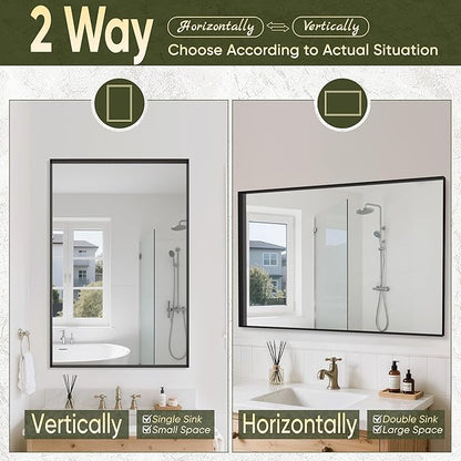 Suidia Bathroom Mirror, 24" x 32" Wall Mirror Metal Framed, Bathroom Vanity Mirror for Living Room Bedroom Bathroom Entryway, Black, Rect Corner Style