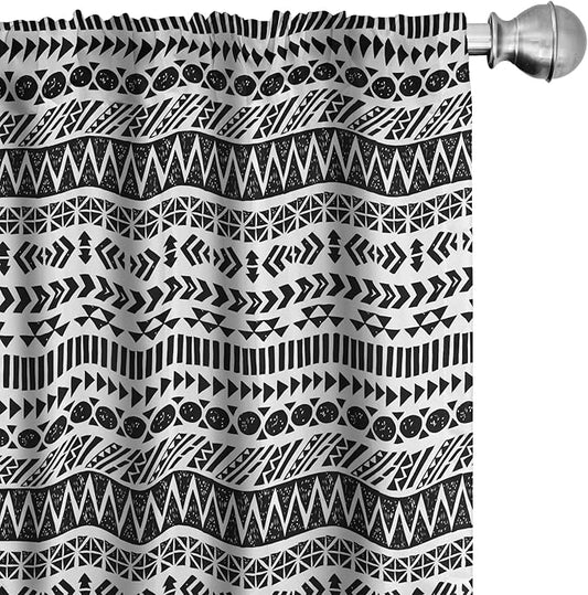 Ambesonne Striped Curtains, Trippy Mystic Aztec Culture Antique Aged Folk Old Bohemian Print, Window Treatments 2 Panel Set for Living Room Bedroom, Pair of - 28" x 84", White Black