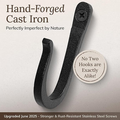 Railroad Spike Cast Iron Hooks (10 Pack) Handmade Blacksmith, Wall Mounted Farmhouse Decorative Hooks, PowderCoated for Interior or Exterior Use, Rust Proof for Hanging Coats, Bags or Pots (Black)
