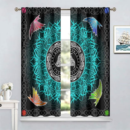 Viking Curtains Ancient Nordic Magic Rune Curtains Nordic Mythology Viking Bird Pattern Printed Curtains Bedroom Living Room Decoration Blackout Curtains W42 * L54 Inch