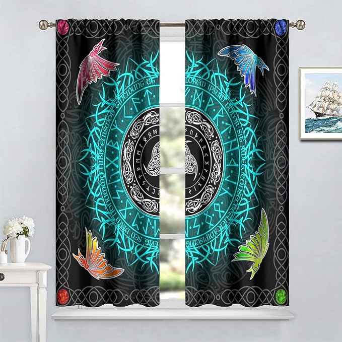Viking Curtains Ancient Nordic Magic Rune Curtains Nordic Mythology Viking Bird Pattern Printed Curtains Bedroom Living Room Decoration Blackout Curtains W42 * L45 Inch