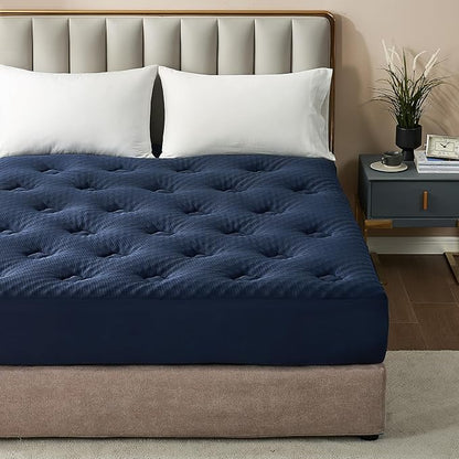 Hansleep RV Short Queen Mattress Topper Viscose Derived from Bamboo, Camping Memory Foam Pillow Top Mattress Topper, Breathable Mattress Pad for Back Pain Relief, 60" x 75", Navy Blue