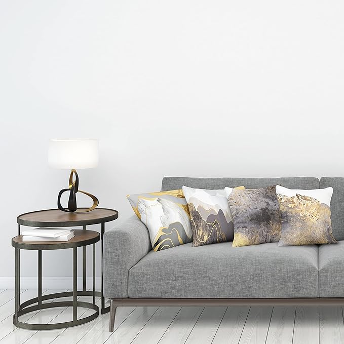 Ambesonne Marble Print Throw Pillow Cushion Case Pack of 4, Modern Art Design Paintbrush Stains Look with Mountains and Sun, Modern Accent Double-Sided Digital Printing, 20", Mustard and Taupe Grey