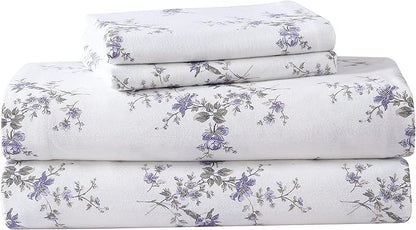 Laura Ashley - Flannel Sheets King Size, Anti-Pilling & Wrinkle Resistant Cotton, Touchably Soft for All-Season Comfort - Bed Sheets with Matching Pillowcases & Fitted Sheet (Jessika Lavender)
