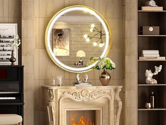 Hasipu 32 Inch Round LED Lighted Mirror for Bathroom with Lights, Gold Circle Vanity Mirror for Wall, Metal Framed Frontlit Bathroom Mirrors Anti-Fog, Dimmable, 3 Colors Makeup Mirror Wall Mounted