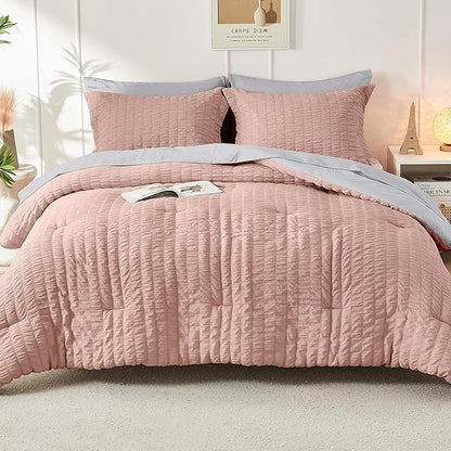 HYMOKEGE Rose Gold/Light Grey Full Size Comforter Sets Seersucker 7 Pieces, All Season Luxury Bed in a Bag for Bedroom, Bedding Set with Comforter, Sheets, Pillowcases & Shams