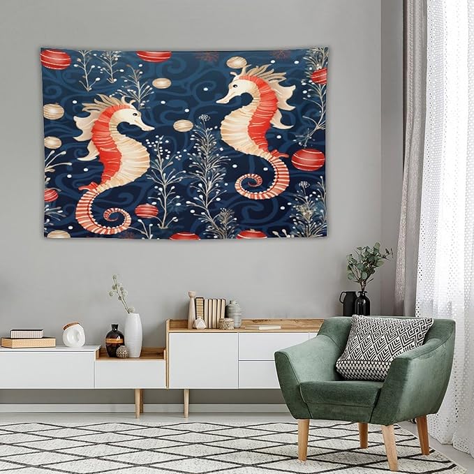 Tapestry Seahorse Christmas Kiss Beach Aesthetic Bedroom Tapestries Ocean Coastal Beach Wall Tapestries Home Decoration for Bedroom Living Room Dorm Landscape 60"x90" Christmas Family Party