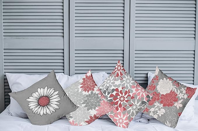 Ambesonne Floral Throw Pillow Cushion Case Pack of 4, Flower Petals Modern Color Palette Chamomile Peony Dahlia and Sunflower Print, Modern Accent Double-Sided Digital Printing, 20", Dark Coral Grey