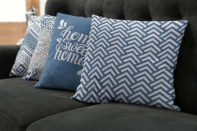Ambesonne Geometric Throw Pillow Cushion Case Pack of 4, Home Phrase Minimal Zigzag Squama Dahlia Flower Petals Chevron Tribal, Modern Accent Double-Sided Digital Printing, 24", Slate Blue and White