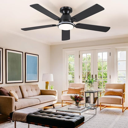 Ceiling Fans with Lights- 52" RGB Low Profile Indoor Ceiling Fan with Light and Remote/APP Control, Flush Mount, LED Dimmable DC Reversible Modern Ceiling Fan for Bedroom（Black）