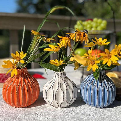 Iconic Scandi Baby Vases, Set of 3, Ribbed, Turquoise Blue, Ivory and Orange, Crackle Suffused, 4.25 Diameter x 4.25 Inches Tall, Modern Home Design, Centerpieces