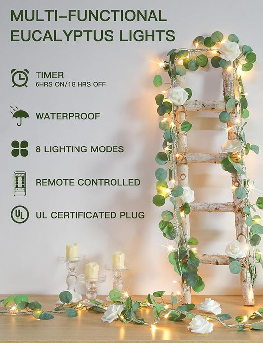 suddus Vines with Lights Plug in, 33ft 100 LED Eucalyptus Garland String Light Connectable with Remote, Leaf Lights for Bedroom, Room, Wall, Garden, Party, Wedding Decor (Warm White)