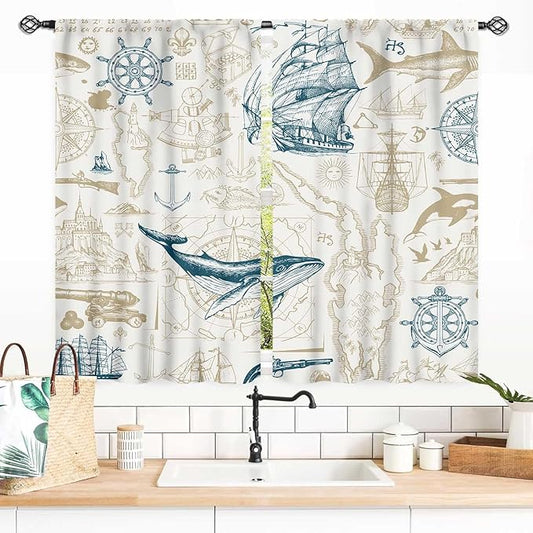 Vintage Nautical Curtains, Marine Coastal Sailboat Compass Anchor Ocean Beach Whale Old Pirate Map Decorative Drapes for Bedroom Living Room Kitchen Bathroom Window 2 Panels Set, 55x39 Inch