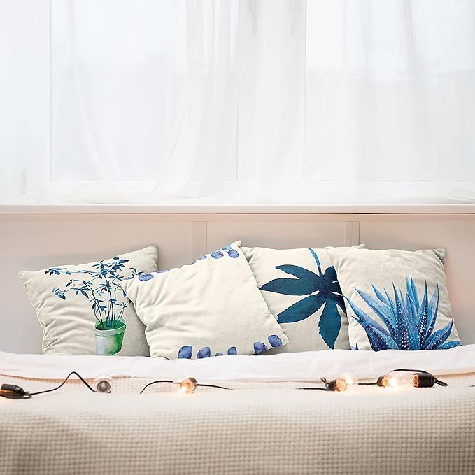 Ambesonne Botanical Throw Pillow Cushion Case Pack of 4, Minimalist Watercolor Painting Leaves Agave Branches Plant in a Pot, Modern Accent Double-Sided Digital Printing, 20", Dark Turquoise Ceil Blue