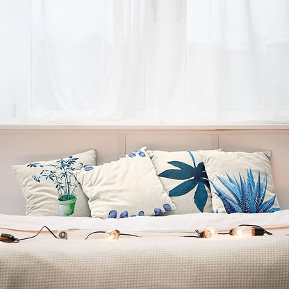 Ambesonne Botanical Throw Pillow Cushion Case Pack of 4, Minimalist Watercolor Painting Leaves Agave Branches Plant in a Pot, Modern Accent Double-Sided Digital Printing, 24", Dark Turquoise Ceil Blue