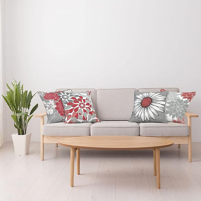 Ambesonne Floral Throw Pillow Cushion Case Pack of 4, Flower Petals Modern Color Palette Chamomile Peony Dahlia and Sunflower Print, Modern Accent Double-Sided Digital Printing, 24", Grey Dark Pink