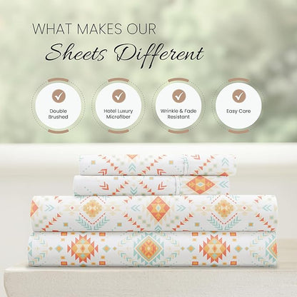 Linen Market Double-Brushed Patterned Microfiber Queen Sheet Set 4 Piece – Oeko-TEX Certified Ultra Soft & Wrinkle-Free - 16" Deep Pocket Sheets - Easy Care Queen Size - Aztec Dreams Coral