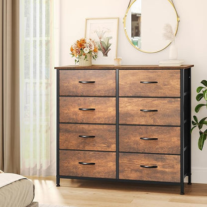 YITAHOME 8 Drawers Fabric Dresser, Wide Storage Tower Cabinet, Organizer for Bedroom, Living Room, Hallway, Closet, Sturdy Steel Frame, Wooden Top, Easy-to-Pull Fabric Bins (Earthy Brown)