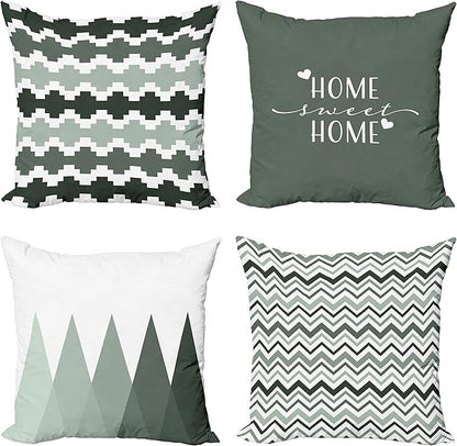 Ambesonne Modern Throw Pillow Cushion Case Pack of 4, Geometric Style Pattern of Triangles Zigzags Love Home Phrase Print, Modern Accent Double-Sided Digital Printing, 16", Dark Sea Green and White