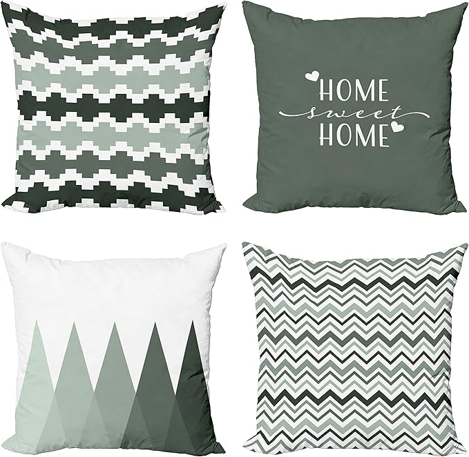 Ambesonne Modern Throw Pillow Cushion Case Pack of 4, Geometric Style Pattern of Triangles Zigzags Love Home Phrase Print, Modern Accent Double-Sided Digital Printing, 24", Dark Sea Green and White