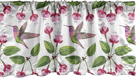 Lunarable Hummingbird Window Valance, Retro Arrangement Exotic Animal Pattern Needlework Inspired Illustration, Curtain Valance for Kitchen Bedroom Decor with Rod Pocket, 54" X 12", Pink Green