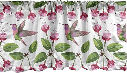 Lunarable Hummingbird Window Valance, Retro Arrangement Exotic Animal Pattern Needlework Inspired Illustration, Curtain Valance for Kitchen Bedroom Decor with Rod Pocket, 54" X 18", Pink Green