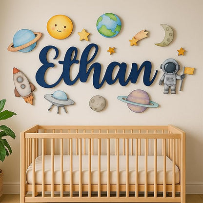 Custom Nursery Name Sign with Themed Decor Kit | Personalized Wooden Wall Art for Baby, Kids Room | Space, Jungle, Circus, Under the Sea, Woodland, Rainbow (60", Space)