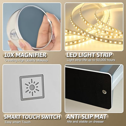 FENNIO Vanity Mirror with Lights, 12" x 16" Lighted Makeup Mirror with Smart Touch Control, 3 Color Modes & Brightness Adjustable, LED Makeup Mirror with 10X Magnification, 360° Rotation for Bedroom