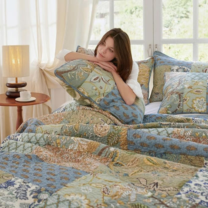 Secgo Twin Size Quilt Size - 100% Cotton Comforter Set Bedding Sets (68 * 86 Inch) with 2 Pillow Shams, Patchwork Reversible Lightweight Bedspread