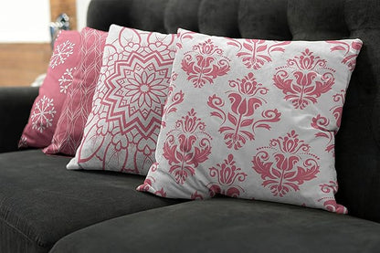 Ambesonne Retro Throw Pillow Cushion Case Pack of 4, Trellis Grid Medieval Floral Damask Mandala Flower Ornament in Modern Monochrome, Modern Accent Double-Sided Digital Printing, 16", Pastel Pink