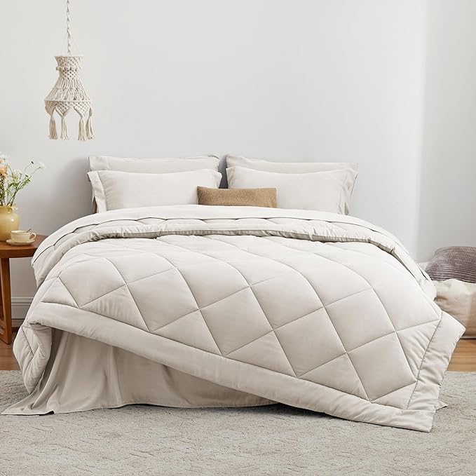 Love's cabin King Size Comforter Set Off White, 7 Pieces King Bed in a Bag, All Season Bedding Sets with 1 Comforter, 1 Flat Sheet, 1 Fitted Sheet, 2 Pillowcase and 2 Pillow Sham