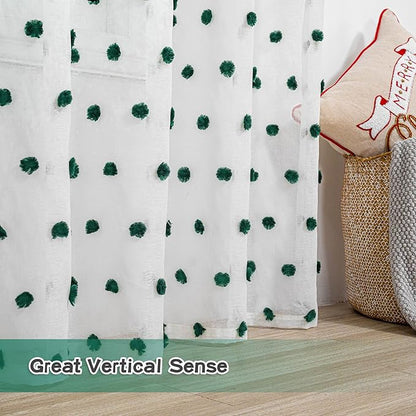 MYSKY HOME Kitchen Curtains 54 Inches Long Small Window Curtains for Christmas Hunter Green Pom Pom Curtains for Cafe Bedroom Nursery Boys Room Rod Pocket 2 Pieces Drapes 52 x 54 inch Length