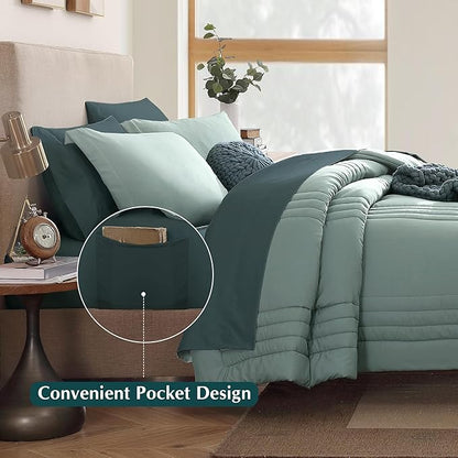 Monbix Full Size Comforter Set - 7 Pieces Sage Green Bed in a Bag Full Size Bedding Sets with Comforters, All Seasons Comforter with Sheets,Pillowcases & Shams