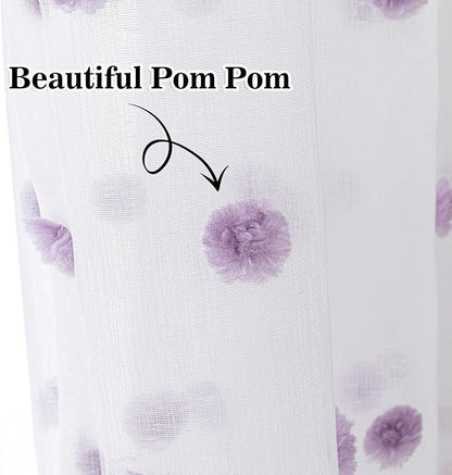 MYSKY HOME White Sheer Curtains for Bedroom 63 Inch Length Purple Pom Pom Short Curtains for Girls Room Kids Curtains Dining Room Rod Pocket Light Filtering Small Window Drapes 52 x 63 in 2 Pieces