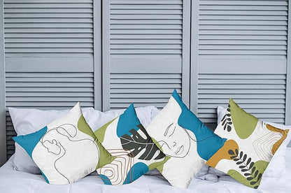Ambesonne Minimal Throw Pillow Cushion Case Pack of 4, Modern Line Art Woman Portrait with Contemporary Leafy Geometric Details, Modern Accent Double-Sided Digital Printing, 24", Blue Green Marigold