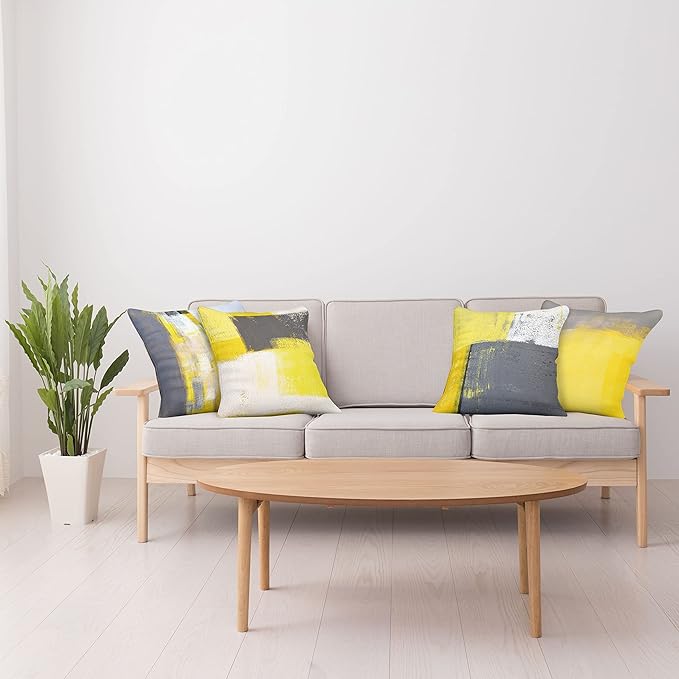 Ambesonne Modern Throw Pillow Cushion Case Pack of 4, Abstract Grunge Themed Geometric Squares with Paintbrush Stroke Effect Ornament, Modern Accent Double-Sided Digital Printing, 20", Yellow Grey