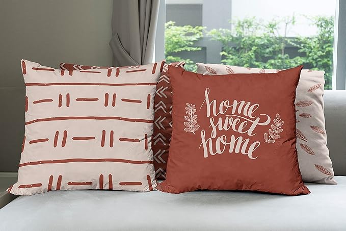 Ambesonne Modern Throw Pillow Cushion Case Pack of 4, Scandinavian Minimal Ornaments Boho Feather Leaves and Home Phrase Print, Modern Accent Double-Sided Digital Printing, 18", Pale Tan and Dark Rust