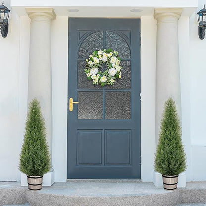 4FT Artificial Cedar Topiary Trees with Rustic Barrel Planter, Outdoor Indoor Realistic Faux Pine Shrubs Plants, Fake Cypress Trees for Home Offices Porch Decor, Set of 2