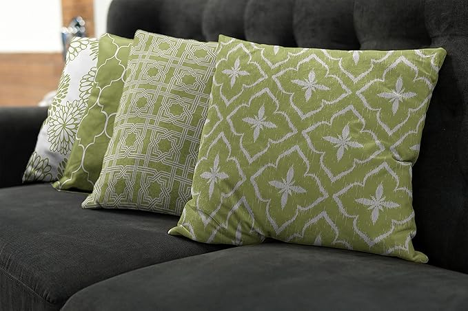 Ambesonne Vintage Throw Pillow Cushion Case Pack of 4, Monochrome Design Grid Trellis Quatrefoil Mesh and Dahlia Flowers Modern, Modern Accent Double-Sided Digital Printing, 20", Olive Green