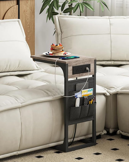 TUTOTAK C Shaped End Table with Charging Station, Side Table for Sofa, Couch Table with Storage Bag, Set of 2, TV Tray Table with 2 USB Ports and Outlets for Living Room, Bedroom, TB01BG0242