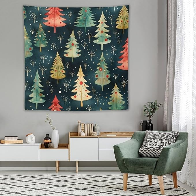 Tapestry Wall Hanging Vintage Christmas Tree Watercolor Tapestry Christmas Holiday Tapestry Aesthetic Wall Art Decor for Bedroom Living Room Dorm 60"x60" Tapestries Winter Snowflake Decorative