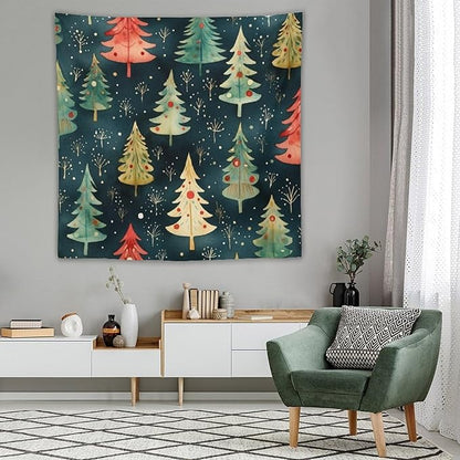 Tapestry Wall Hanging Vintage Christmas Tree Watercolor Tapestry Christmas Holiday Tapestry Aesthetic Wall Art Decor for Bedroom Living Room Dorm 60"x60" Tapestries Winter Snowflake Decorative