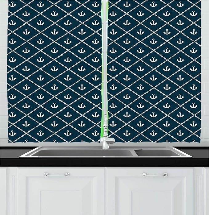 Lunarable Rhombus Print Kitchen Curtains, Nautical Layout of Anchor and Pattern Marine Life Items, Window Drapes 2 Panel Set for Kitchen Cafe Decor, 55" X 39", Dark Petrol Blue Ivory