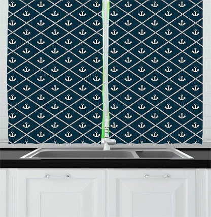 Lunarable Rhombus Print Kitchen Curtains, Nautical Layout of Anchor and Pattern Marine Life Items, Window Drapes 2 Panel Set for Kitchen Cafe Decor, 55" X 39", Dark Petrol Blue Ivory