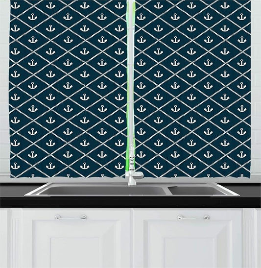 Lunarable Rhombus Print Kitchen Curtains, Nautical Layout of Anchor and Pattern Marine Life Items, Window Drapes 2 Panel Set for Kitchen Cafe Decor, 55" X 39", Dark Petrol Blue Ivory