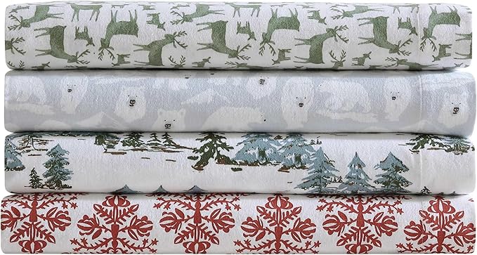 Eddie Bauer - Flannel Sheets King Size, Anti-Pilling & Wrinkle Resistant Cotton, Touchably Soft for All-Season Comfort - Bed Sheets with Matching Pillowcases & Fitted Sheet (Deer Camp Green)