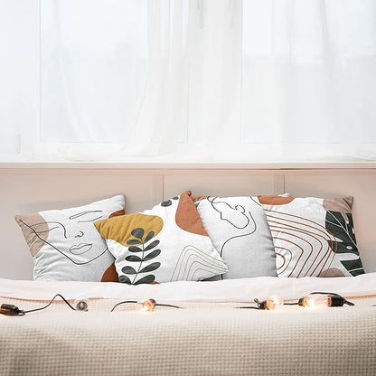Ambesonne Minimal Throw Pillow Cushion Case Pack of 4, Modern Line Art Woman Portrait with Contemporary Leafy Geometric Details, Modern Accent Double-Sided Digital Printing, 20", Rust Tan and Mustard