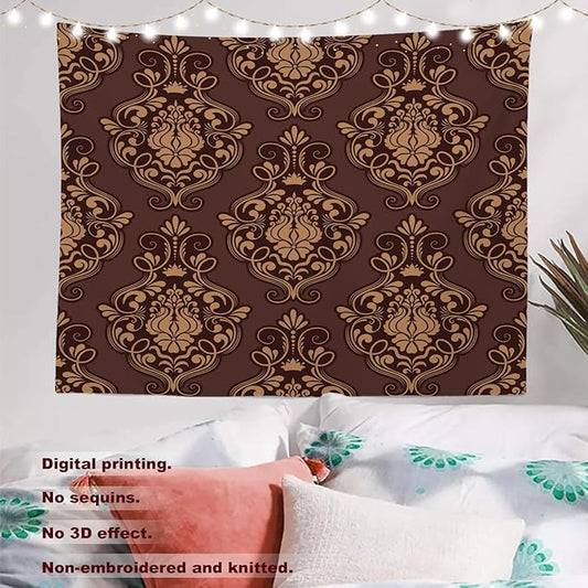 Batmerry Brown Damask Floral Tapestry, Vintage Golden Brown Damask Pattern Wall Art Hanging Decoration Polyester Fiber White Ruffled Around For Dorm Room Bedroom Living Room, 30 X 40 Inches