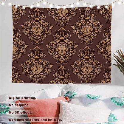 Batmerry Brown Damask Floral Tapestry, Vintage Golden Brown Damask Pattern Wall Art Hanging Decoration Polyester Fiber White Ruffled Around For Dorm Room Bedroom Living Room, 35 X 47 Inches