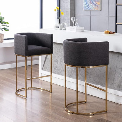 Modern Counter Height Linen Upholstered Bar Stool, 32" Kitchen Counter Island Stool Bar Chairs with Gold Metal Frame for Kitchen Island, Charcoal